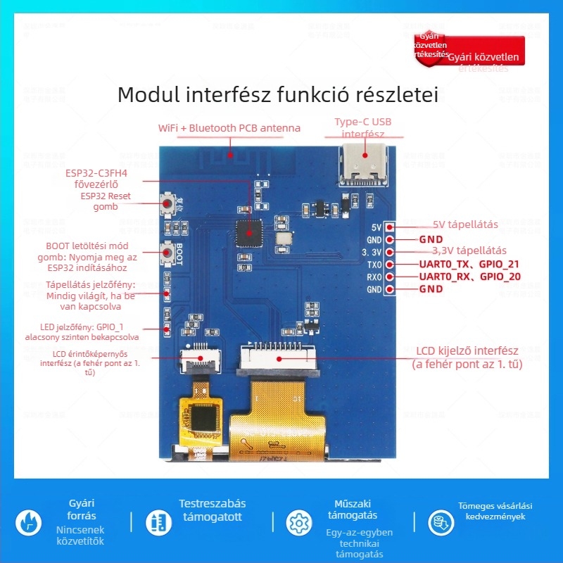 JAYOS ESP32-C3 fejlesztői tábla 2,4 hüvelykes LCD kijelzővel, kapacitív érintéssel, WiFi és Bluetooth