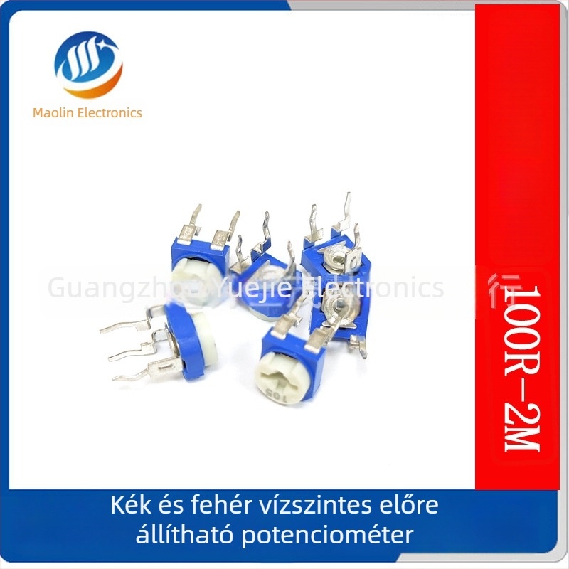 Kék–fehér vízszintes állítható ellenállás RM065R/WH06, finomhangolás 100Ω–1MΩ