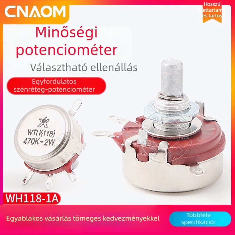 WH118-1A Beállítható reosztát, egynyakú szénfilm potenciométer, 2W, ellenállásértékek: 1Ω, 2.2Ω, 4.7Ω, 22Ω, 470kΩ, 10kΩ