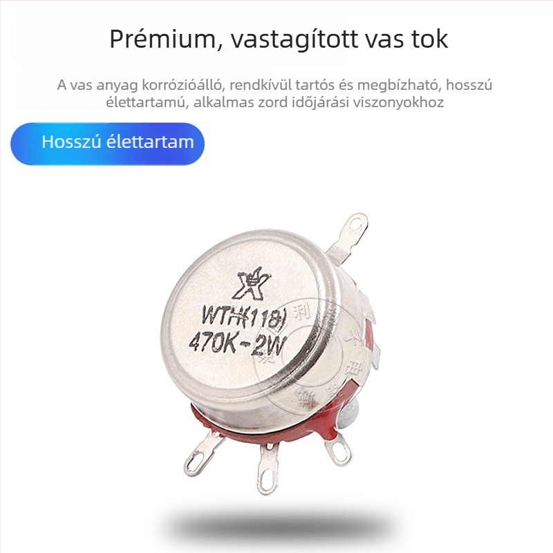 WH118-1A Beállítható reosztát, egynyakú szénfilm potenciométer, 2W, ellenállásértékek: 1Ω, 2.2Ω, 4.7Ω, 22Ω, 470kΩ, 10kΩ