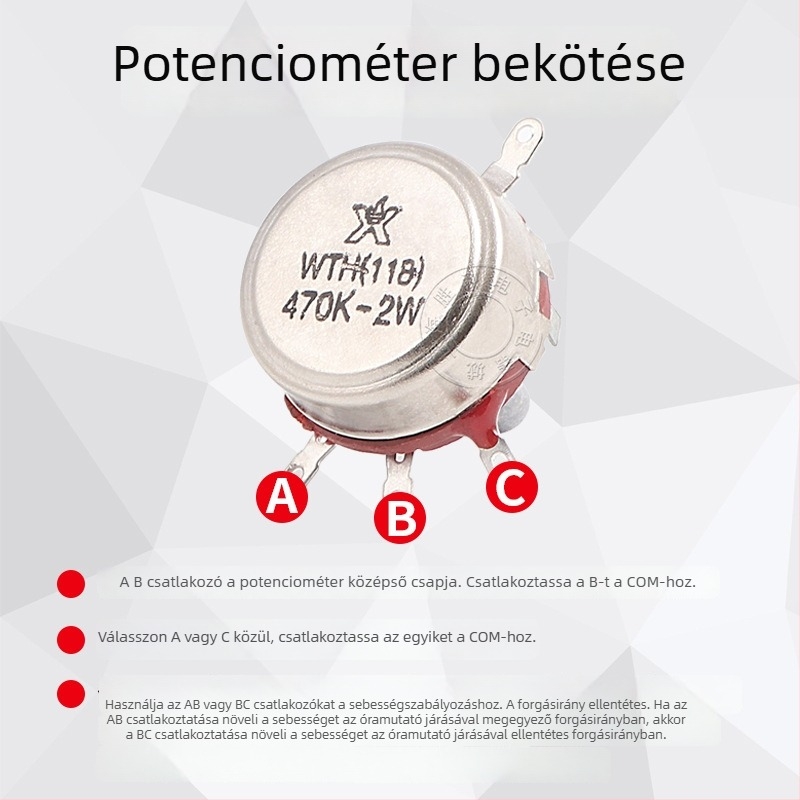 WH118-1A Beállítható reosztát, egynyakú szénfilm potenciométer, 2W, ellenállásértékek: 1Ω, 2.2Ω, 4.7Ω, 22Ω, 470kΩ, 10kΩ
