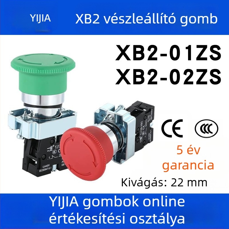 XB2-01ZS vészmegállító gomb, gomba fejű kapcsoló, normálisan zárt, 22 mm