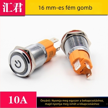 16 mm-es fém önzáró start–stop vízálló gombkapcsoló LED világítógyűrűvel és táplálási szimbólummal, nagy áramerősségű 10A