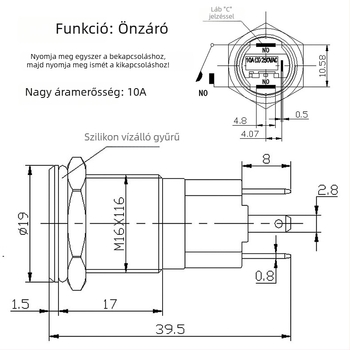 16 mm-es fém önzáró start–stop vízálló gombkapcsoló LED világítógyűrűvel és táplálási szimbólummal, nagy áramerősségű 10A