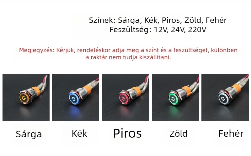 16 mm-es fém önzáró start–stop vízálló gombkapcsoló LED világítógyűrűvel és táplálási szimbólummal, nagy áramerősségű 10A