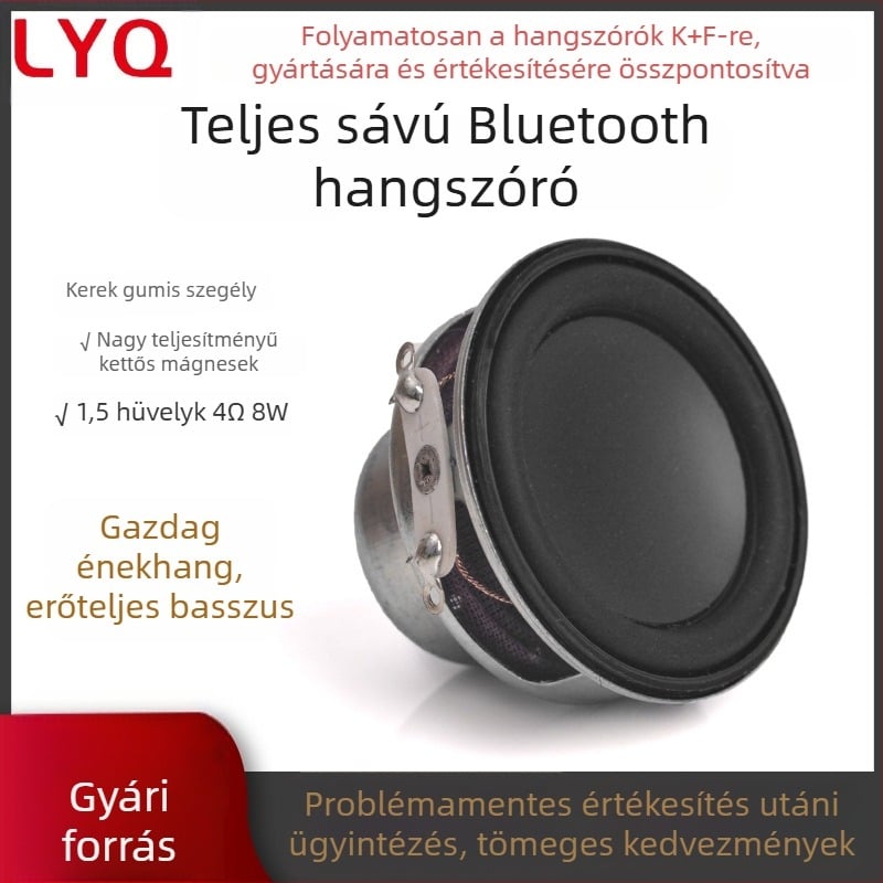1,5 hüvelykes Bluetooth hangszóró, 4Ω, 8W, kerek gumírozott perem, IPX7 vízálló, belső mágneses meghajtó