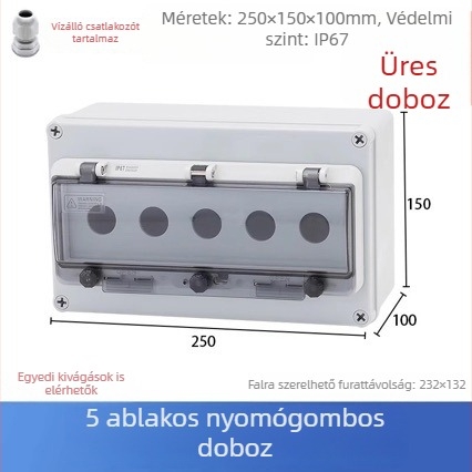Kültéri vízálló kapcsoló doboz start–stop és vészleállító gombbal liftekhez, kompakt ipari kivitel