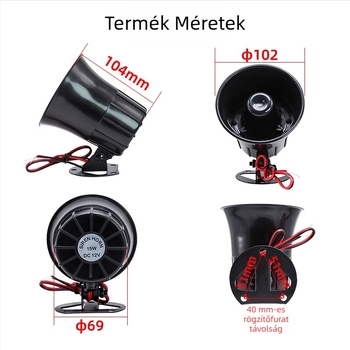 Kompakt riasztó kürt és basszus hangszóró megafonnal, 12V-os vezetékes tápegység biztonsági megfigyeléshez