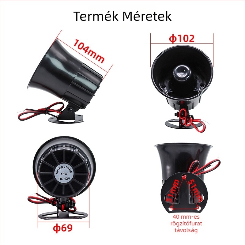 Kompakt riasztó kürt és basszus hangszóró megafonnal, 12V-os vezetékes tápegység biztonsági megfigyeléshez