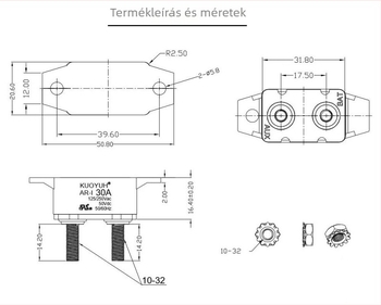 AR autóhoz tervezett túláramvédő megszakító, automatikus visszaállítással és hővédelmi funkcióval KUOYUH