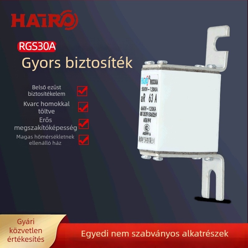 Egyedi RGS30A 660V-es biztosíték, négyszögletes, csavaros bekötéssel, gyorshatású.
