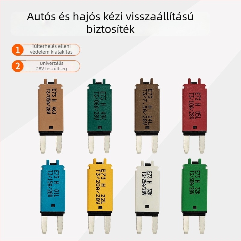 Autóipari T3 kézi resetű biztosíték, beépíthető típus, 28 VDC, 5–30 A
