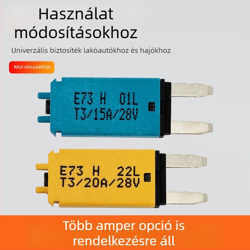 Autóipari T3 kézi resetű biztosíték, beépíthető típus, 28 VDC, 5–30 A