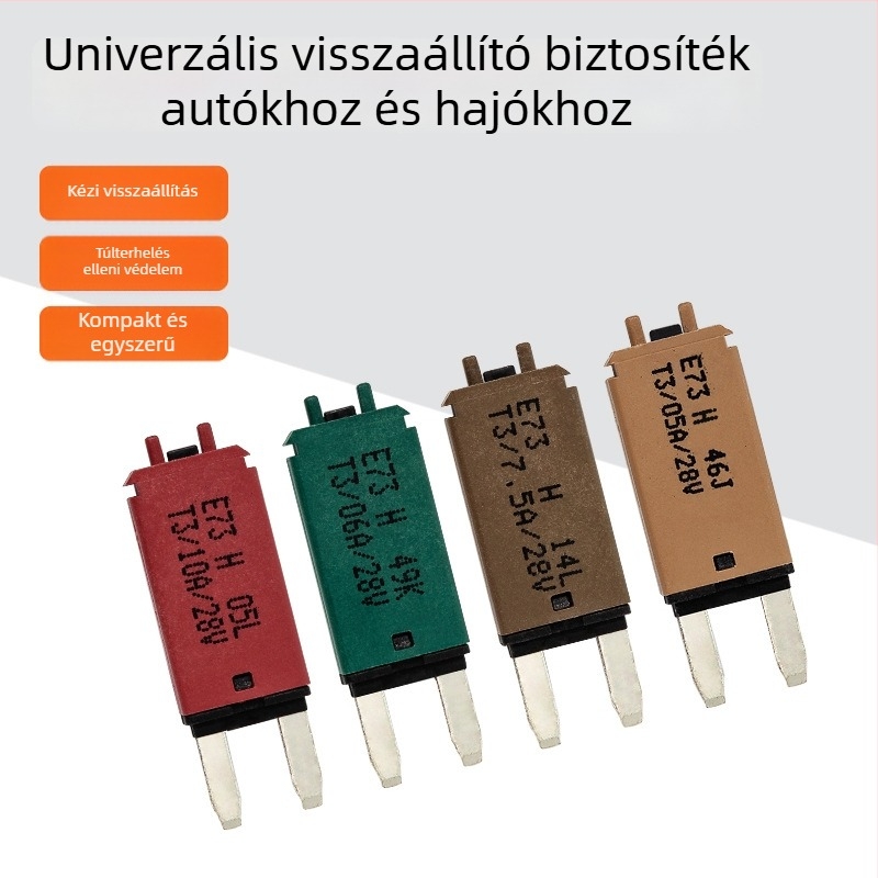 Autóipari T3 kézi resetű biztosíték, beépíthető típus, 28 VDC, 5–30 A