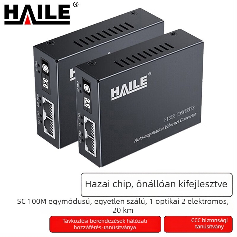 Optikai transzceiver, 100 Mbps, monomódus, egy szál, egy optikai port és két elektromos port, 20 km-es hatótávolság, SC csatlakozó