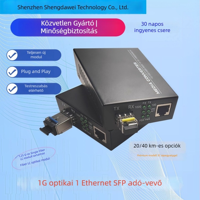 Gigabites SFP optikai transzceiver 1.25G modullal, LC port egy szálashoz, 20 km, pár