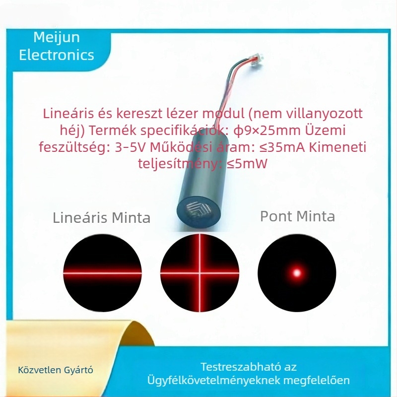 Vörös fényű lézermodul egyenes és kereszt vonallal, Ø9.0×25 mm, 650 nm, ≤5 mW, ≤35 mA
