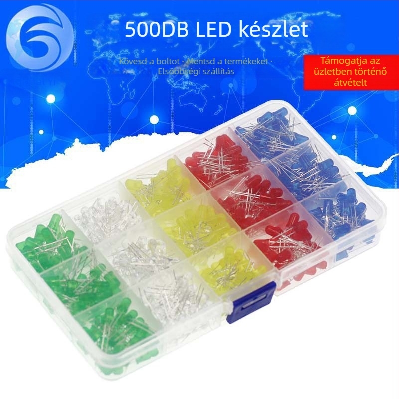 5mm-es LED dobozban tranzisztorral, 500 db, színenként 100 db, összesen 5 típus
