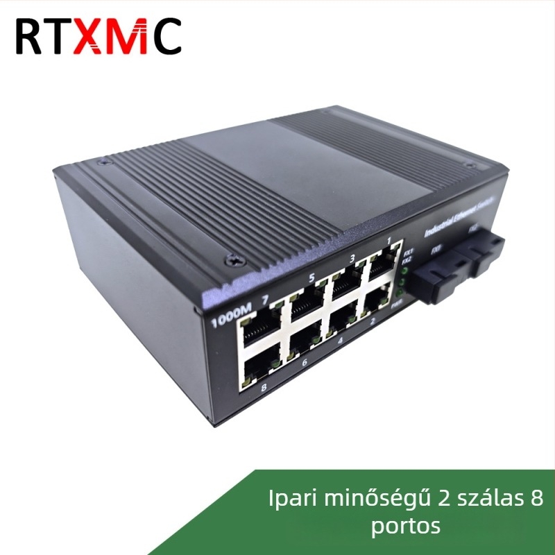 Ipari szintű optikai transzceiver, Gigabit, 2 optikai port és 8 elektromos port, optoelektronikus átalakító, PoE-tápellátás