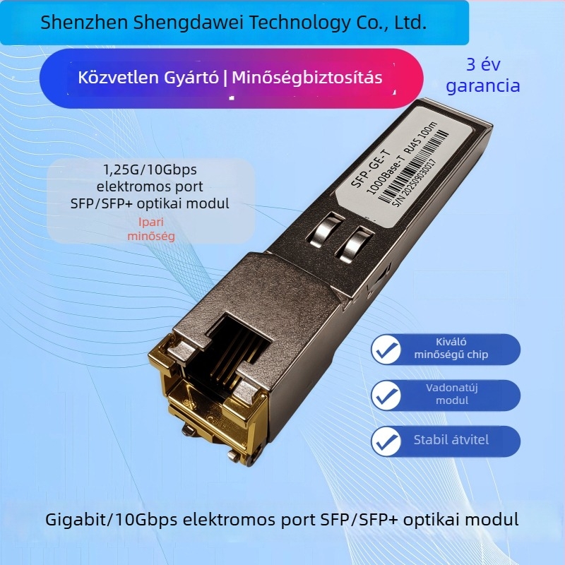 Ipari szintű SFP optikai–elektronikai átalakító modul RJ45 interfésszel, 1/10 Gb/s sebesség, 30/100 m, teljes kompatibilitás.
