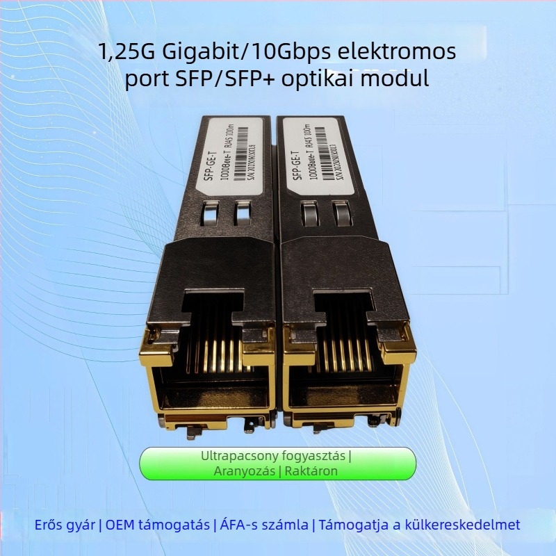Ipari szintű SFP optikai–elektronikai átalakító modul RJ45 interfésszel, 1/10 Gb/s sebesség, 30/100 m, teljes kompatibilitás.