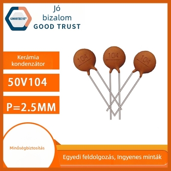 50V104M kerámiakondenzátor, 0,1µF, átlyukasztott szerelés, dielektromos, szűrő kondenzátor