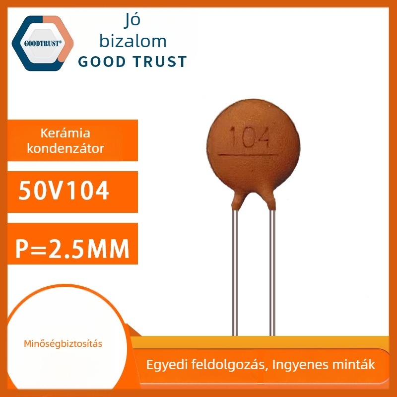 50V104M kerámiakondenzátor, 0,1µF, átlyukasztott szerelés, dielektromos, szűrő kondenzátor