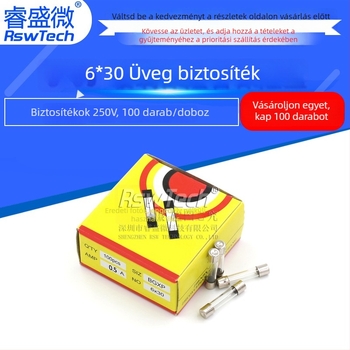 Üvegbiztosítéktömlő kettős kupakkal, 6x30 mm, 0,5 A, 250 V, 100 darab