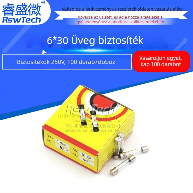 Üvegbiztosítéktömlő kettős kupakkal, 6x30 mm, 0,5 A, 250 V, 100 darab