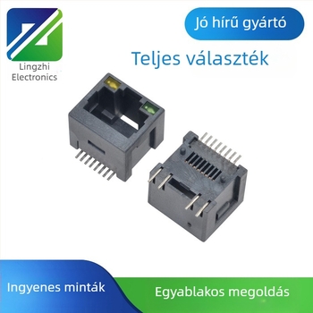 RJ45 függőleges női csatlakozó LED-del, árnyékolt gigabites szűrő, SMT montázs pillérekkel, 10-pontos hálózati port