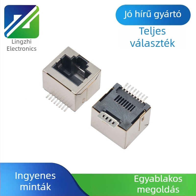 RJ45 függőleges női csatlakozó LED-del, árnyékolt gigabites szűrő, SMT montázs pillérekkel, 10-pontos hálózati port