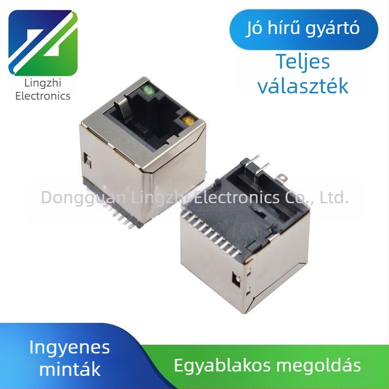 RJ45 függőleges női csatlakozó LED-del, árnyékolt gigabites szűrő, SMT montázs pillérekkel, 10-pontos hálózati port