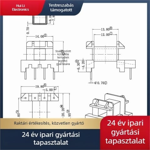 EF20 magasfrekvenciás transzformátor mag, vízszintes kivitel, 4+2-es tűkiosztás, 20,85 mm-es közép távolsággal, megfelelő mágneses maggal