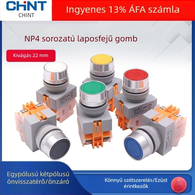 Chint CHNT NP4-11BNZS nyomógombás kapcsoló Y090 LAY37 önzáró sík nyomógomb záras 1 NO 1 NC 22 mm