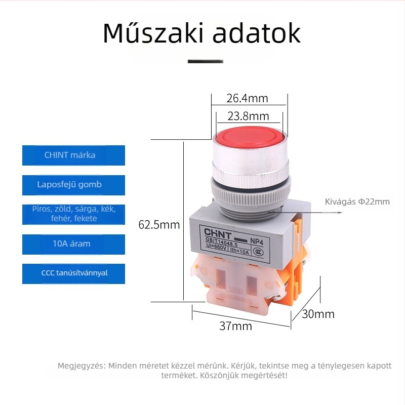 Chint CHNT NP4-11BNZS nyomógombás kapcsoló Y090 LAY37 önzáró sík nyomógomb záras 1 NO 1 NC 22 mm