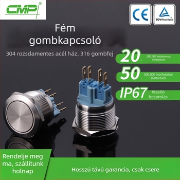 22 mm-es rozsdamentes acélból készült nyomógombos kapcsoló, sík fej, sík alap, önzáró, világítás nélkül