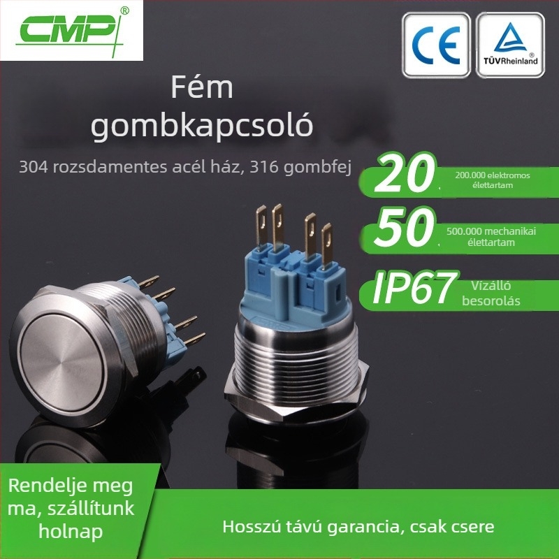 22 mm-es rozsdamentes acélból készült nyomógombos kapcsoló, sík fej, sík alap, önzáró, világítás nélkül