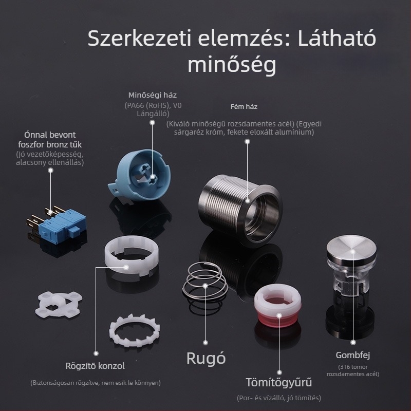 22 mm-es rozsdamentes acélból készült nyomógombos kapcsoló, sík fej, sík alap, önzáró, világítás nélkül