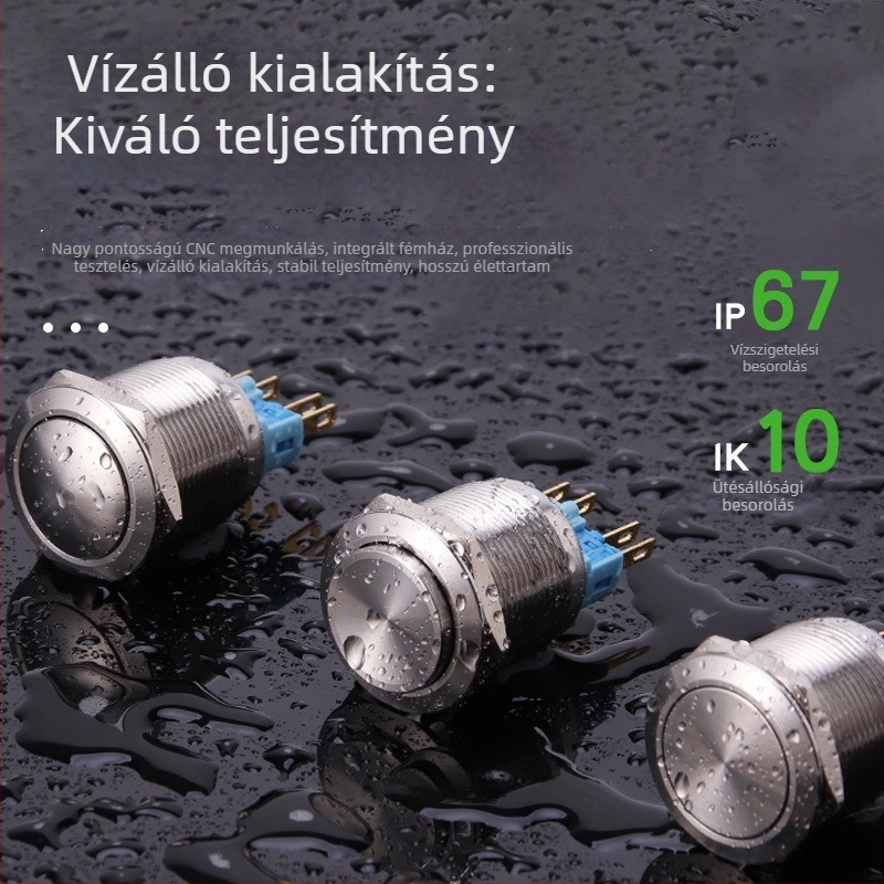 22 mm-es rozsdamentes acélból készült nyomógombos kapcsoló, sík fej, sík alap, önzáró, világítás nélkül