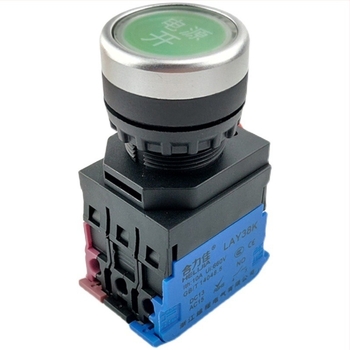 LAY38K-10D 22 mm-es LED-es gombkapcsoló, sík fejű, önzáró és automatikus reset-képes, zöld indítógomb