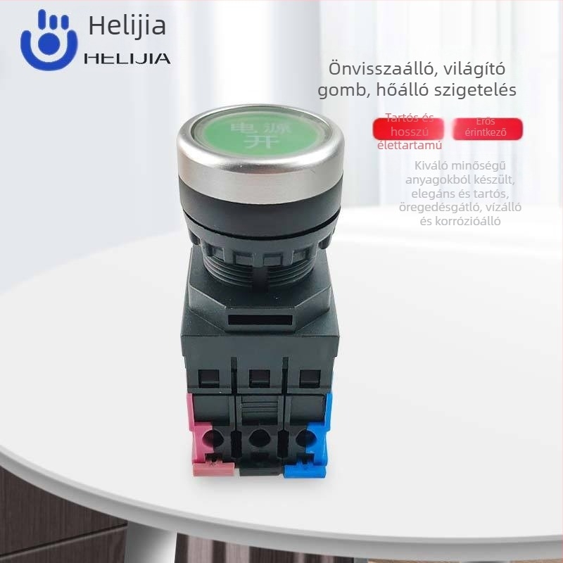 LAY38K-10D 22 mm-es LED-es gombkapcsoló, sík fejű, önzáró és automatikus reset-képes, zöld indítógomb