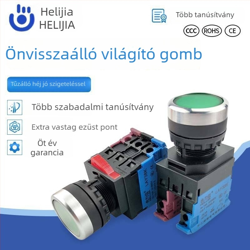 LAY38K-10D 22 mm-es LED-es gombkapcsoló, sík fejű, önzáró és automatikus reset-képes, zöld indítógomb