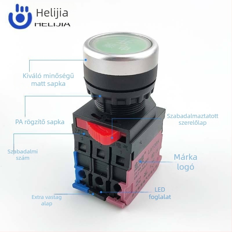 LAY38K-10D 22 mm-es LED-es gombkapcsoló, sík fejű, önzáró és automatikus reset-képes, zöld indítógomb