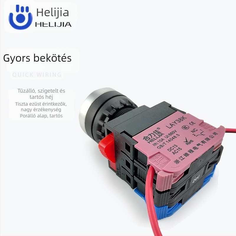 LAY38K-10D 22 mm-es LED-es gombkapcsoló, sík fejű, önzáró és automatikus reset-képes, zöld indítógomb