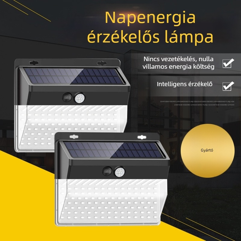 Napelemes LED falikar mozgásérzékelővel, kültéri IP65, kert, 206 LED