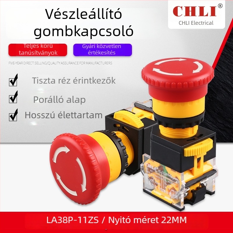 LA38P-11ZS vészhelyzeti forgó nyomógombos kapcsoló, 22 mm átmérő