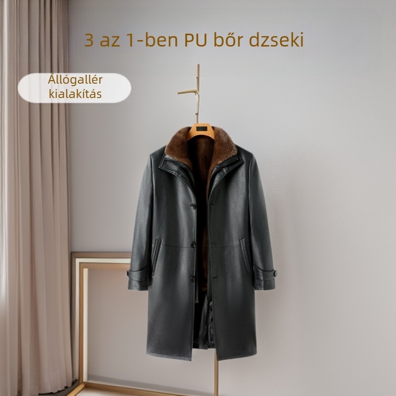 Férfi PU bőrdzseki, téli hosszú, három hordási mód, poliészter bélés, állógallér