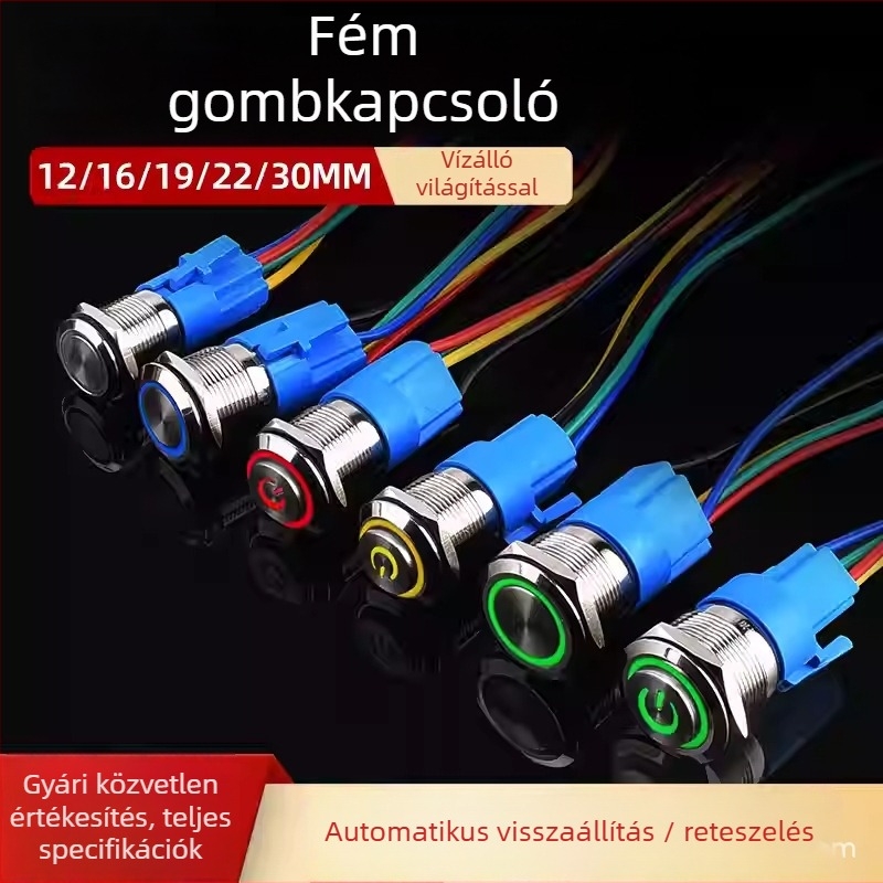 Vezetékes fém gombkapcsoló, 12/16/19/22 mm, ön-resetáló és önzáró, gyűrűs fényjelzővel, IP65 vízálló