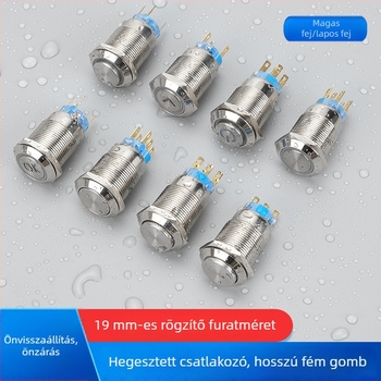 19 mm kék gombkapcsoló, fémlappal és előlap-körforgóval, IP65 védelemmel, önzáró, visszaállítás, pillanatnyi indítás, megvilágított