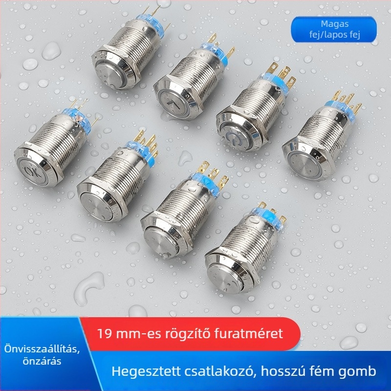 19 mm kék gombkapcsoló, fémlappal és előlap-körforgóval, IP65 védelemmel, önzáró, visszaállítás, pillanatnyi indítás, megvilágított
